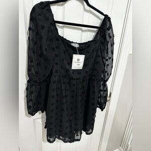 NWT - Women’s Square Neck Long Sleeve Sheer Mesh Dot Shorts Romper Sz XL